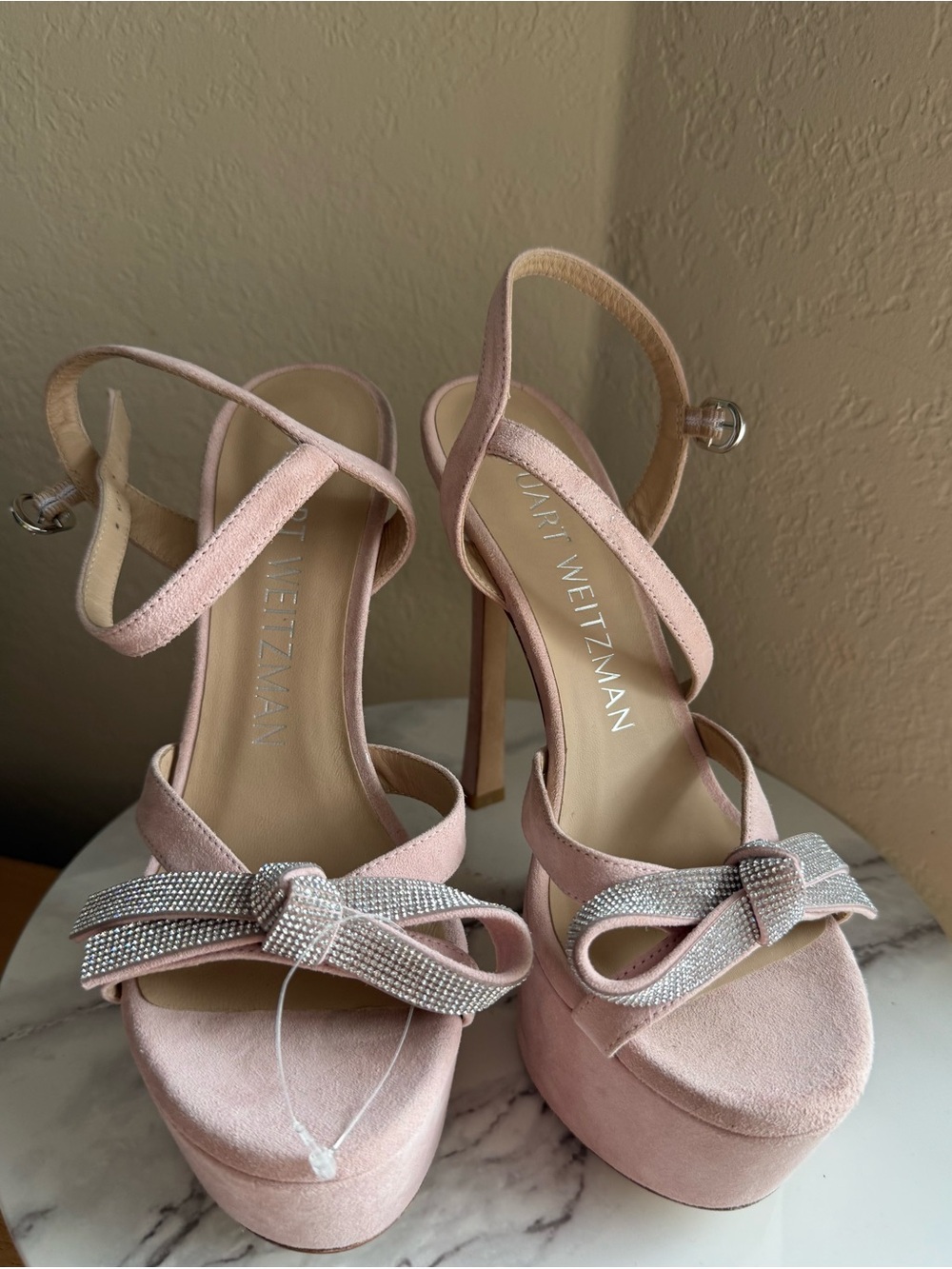 Stuart Weitzman Mega Bow Platform Heels Sandals crystal Pink suede Size 7 - Picture 12 of 16